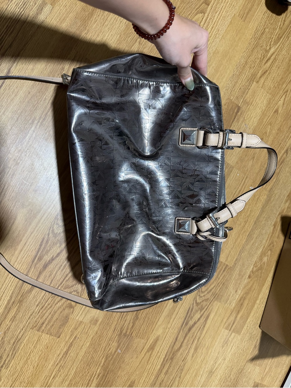 Michael Kors Metallic Black Crossbody Bag with Beige Trim